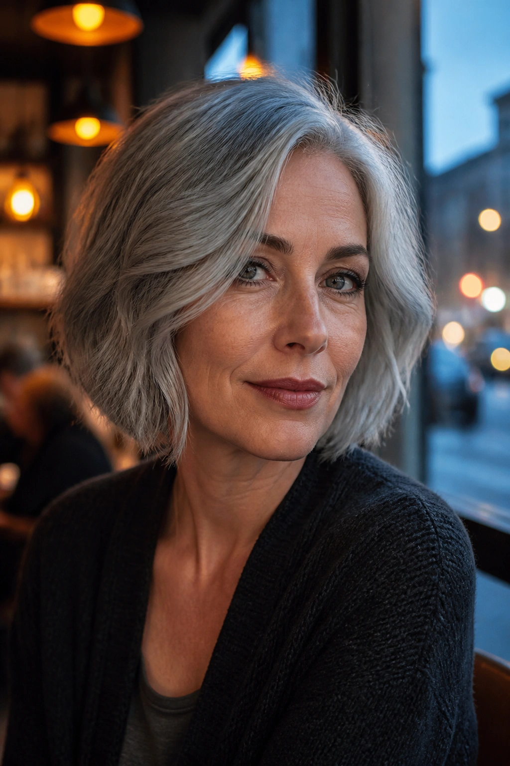 Close-up portrait of a real woman with smoky steel silver hair in an urban cafe setting