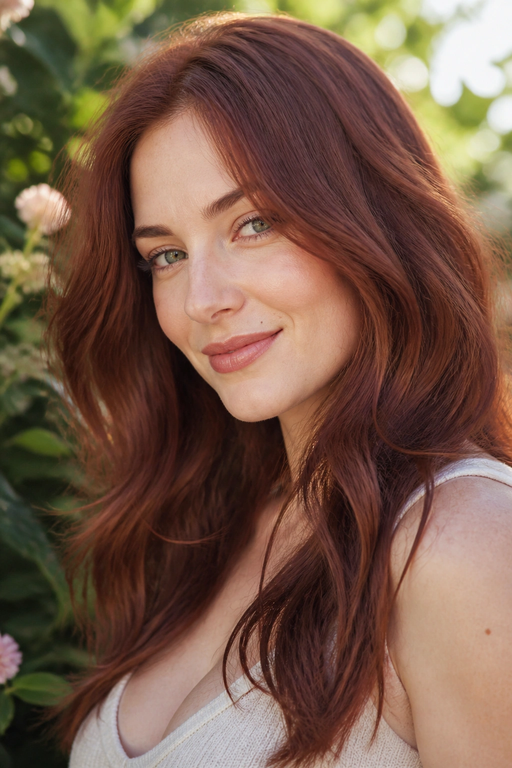 Close-up portrait of a woman with smoky strawberry auburn hair and cool undertones