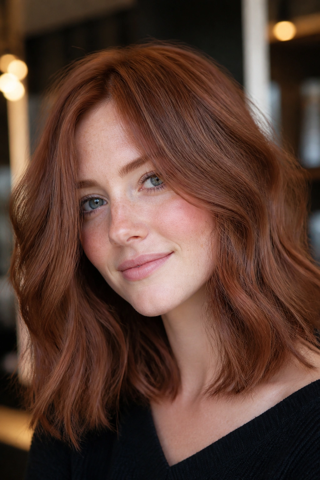 Close-up of real woman with smoky strawberry auburn shoulder-length hair