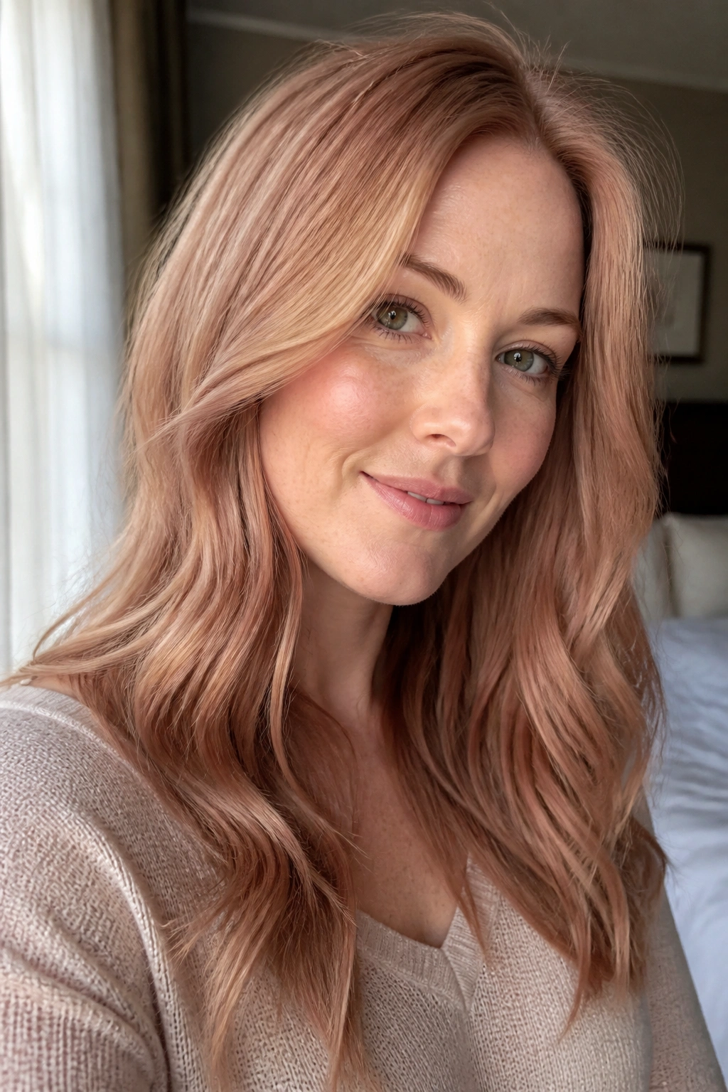 Close-up portrait of a real woman with smoky strawberry blonde hair in soft bedroom light