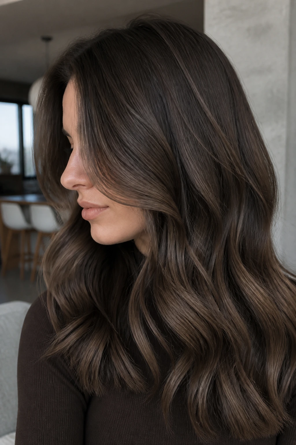 Close-up of ash brunette hair with smoky taupe-brown lowlights.