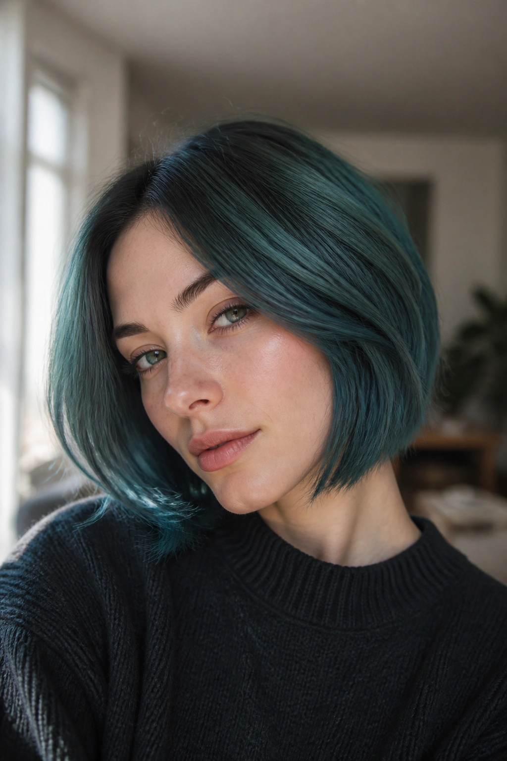 Close-up of a woman with a smoky teal bob under natural window light