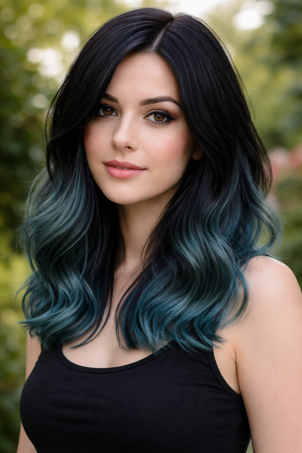 Close-up portrait of a real person with Black to Smoky Teal ombre from black to teal ends.
