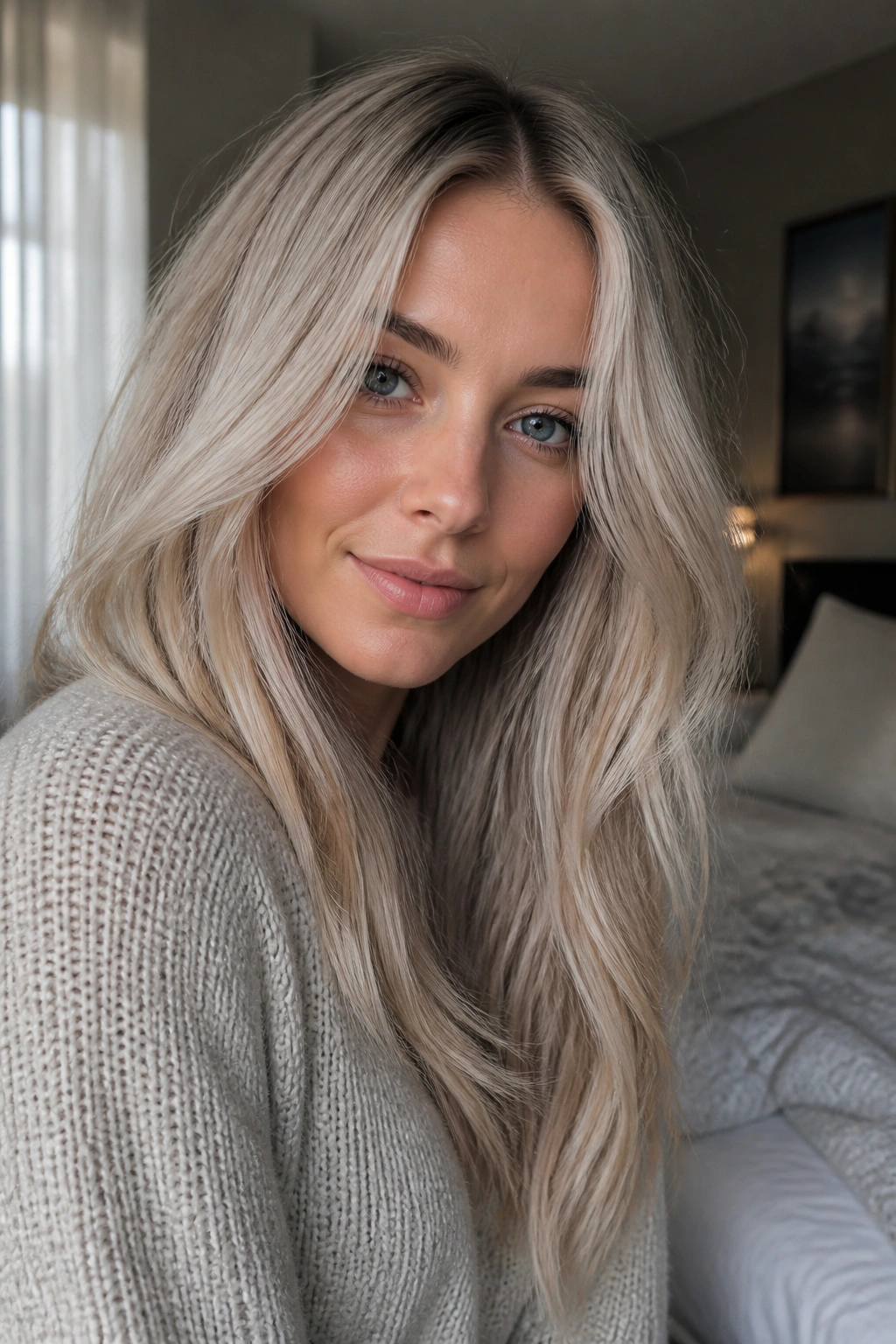 Woman with smoky vanilla blonde hair in loose waves with a cool vanilla-gray tones.