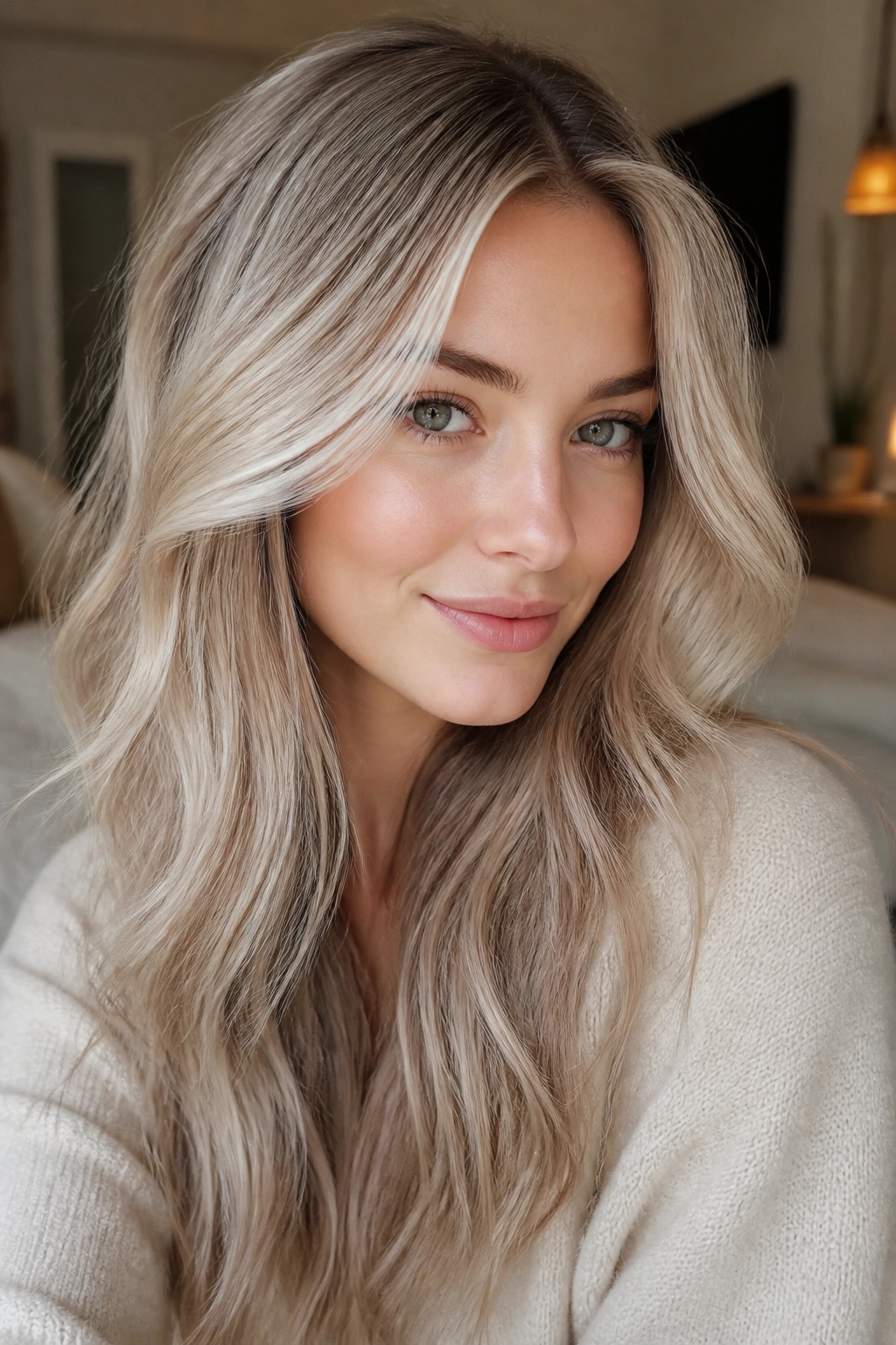 Close-up portrait of a real woman with smoky vanilla sandy blonde hair and cool beige tones