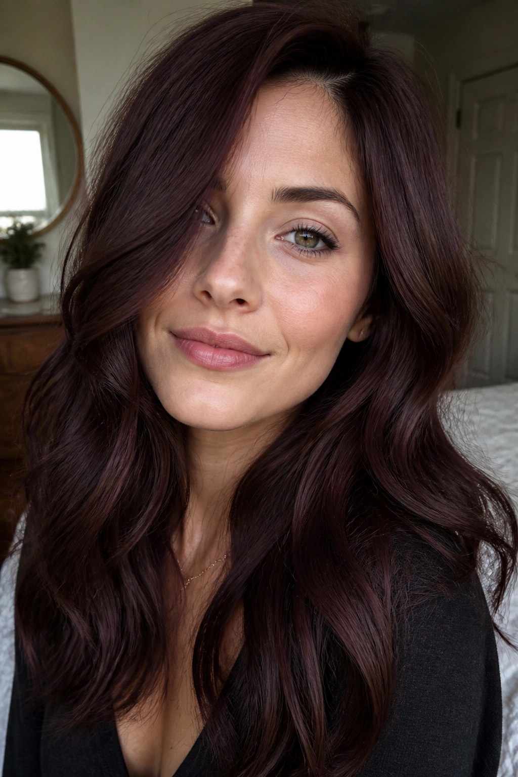 Close-up portrait of a woman with smoky violet auburn hair in soft window light.
