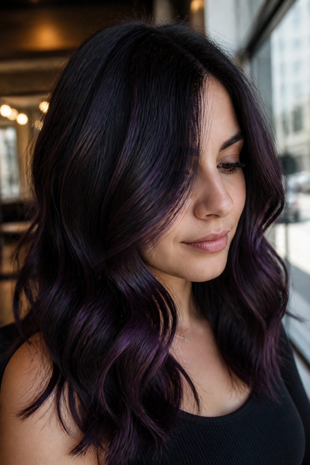 Close-up of espresso brown hair with smoky violet sheen on a real woman in a softly lit salon.