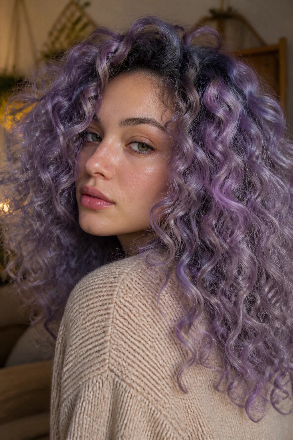 Real person with smoky violet-lilac curls showing color variation.