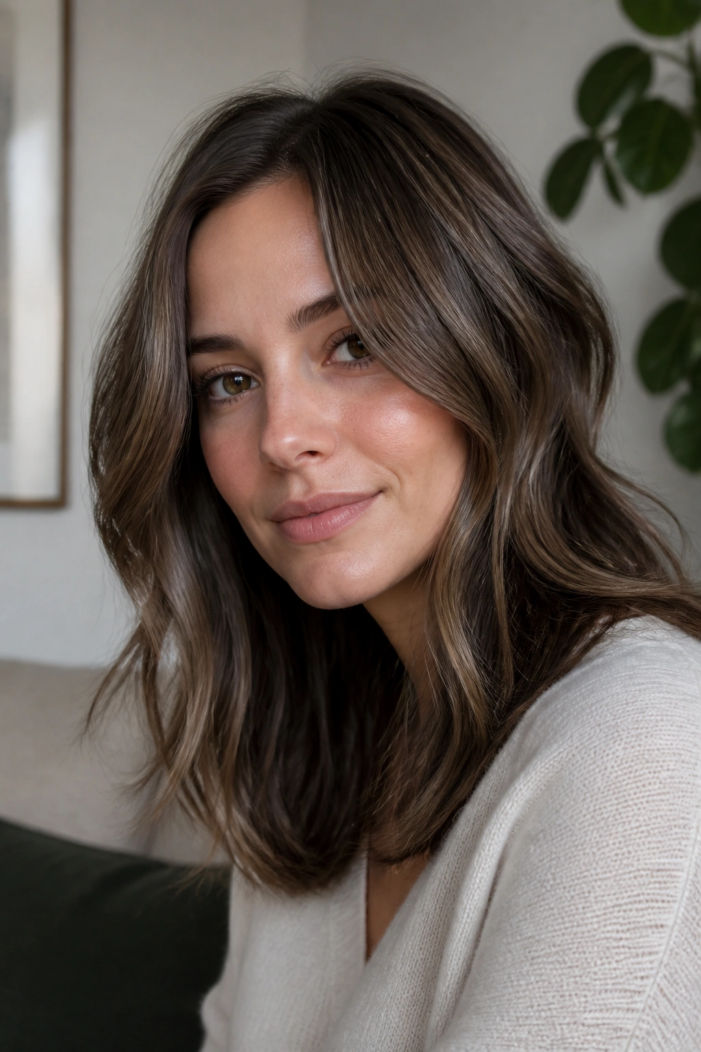 Portrait of a woman with smoky walnut brown hair and subtle cool highlights