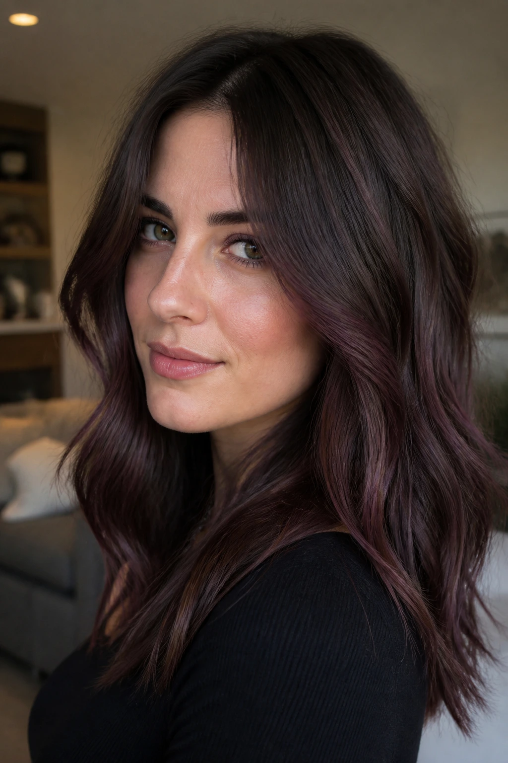 Close-up portrait of a real person with smoky walnut hair and plum shadow underlayers