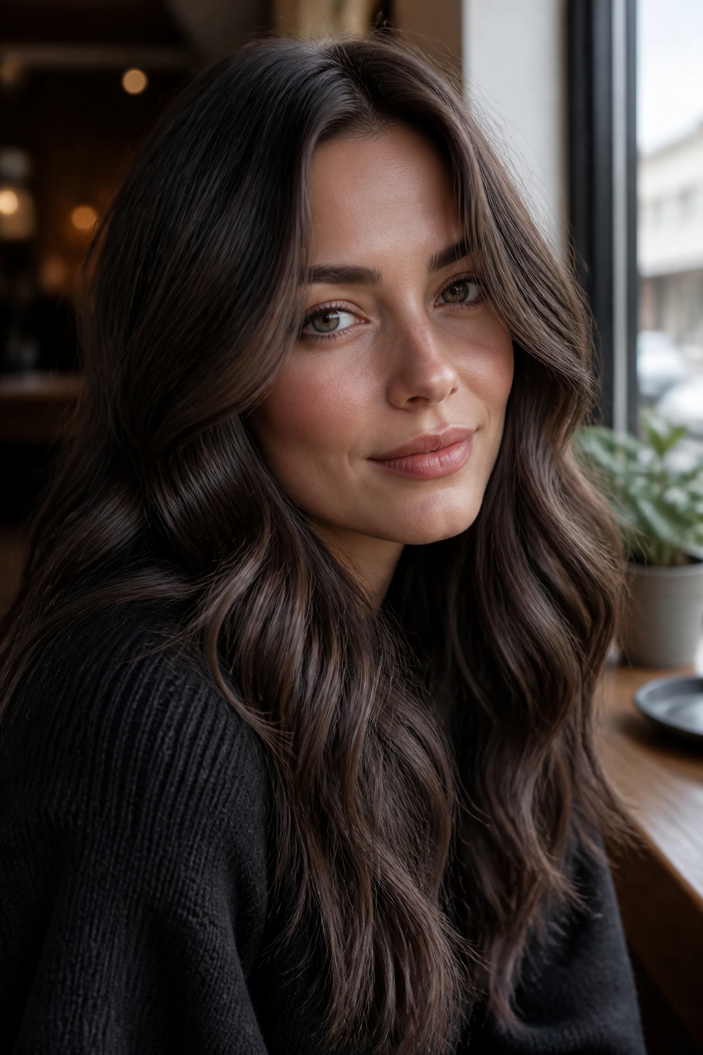 Close-up portrait of a woman with smoky walnut waves and cool skin tone.