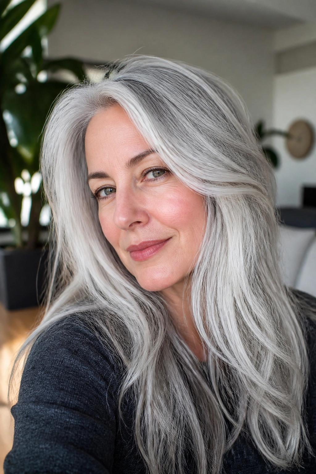 Close-up of a real woman with smoky white hair and graphite lowlights.
