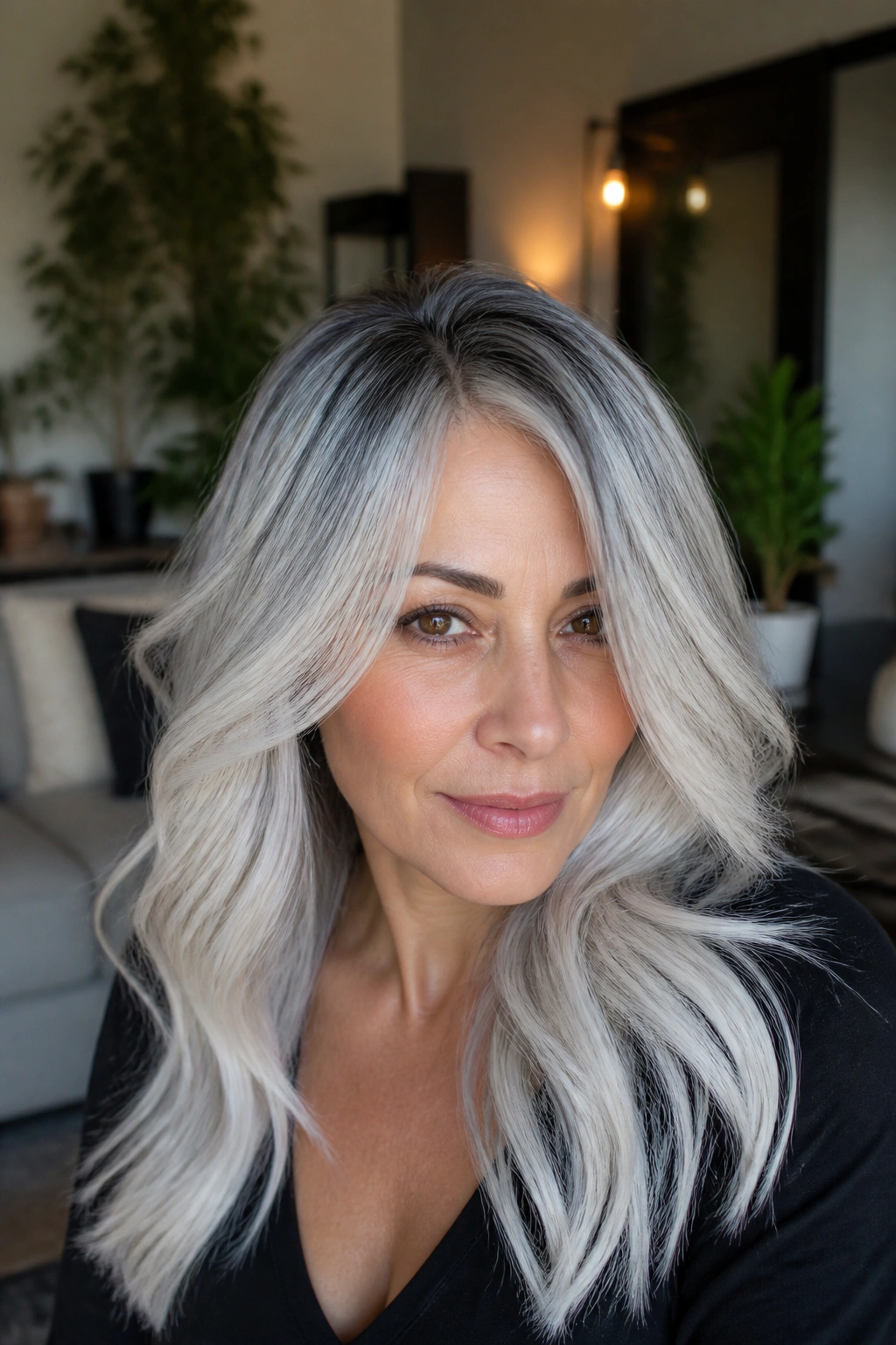Close-up of smoky white melt with darker roots on a real person