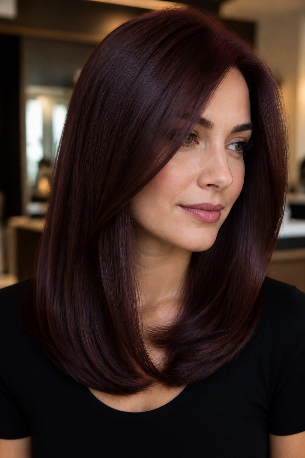 Portrait of a woman with smoky wine brown hair in a satin finish