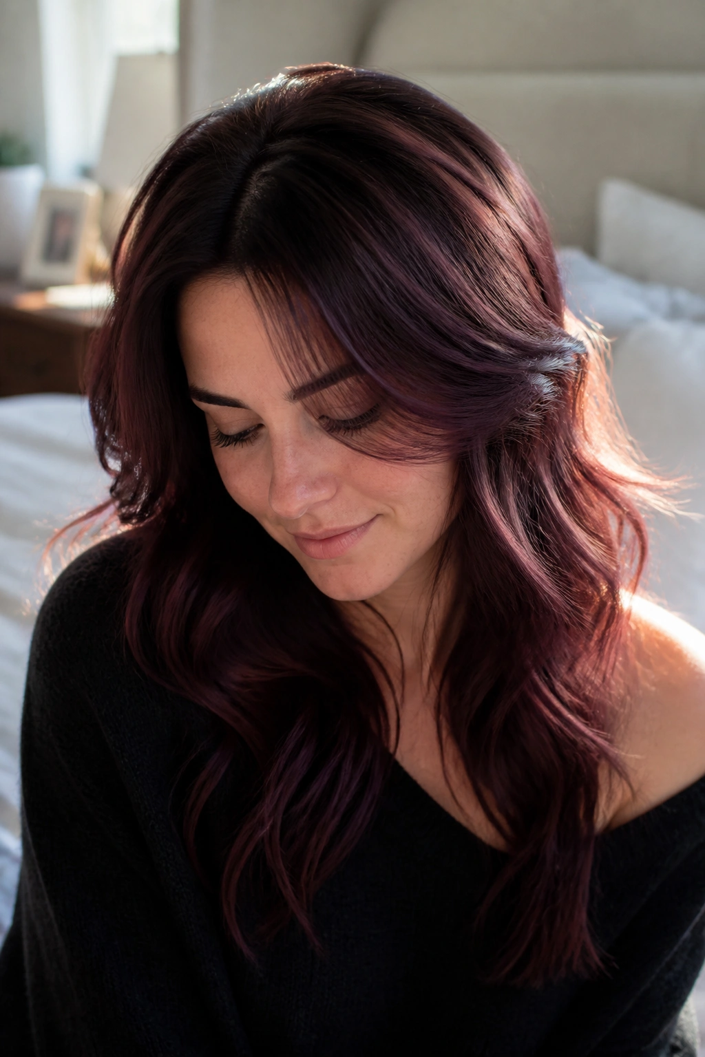 Close-up portrait of a real woman with smoky wine brown hair and root shadow
