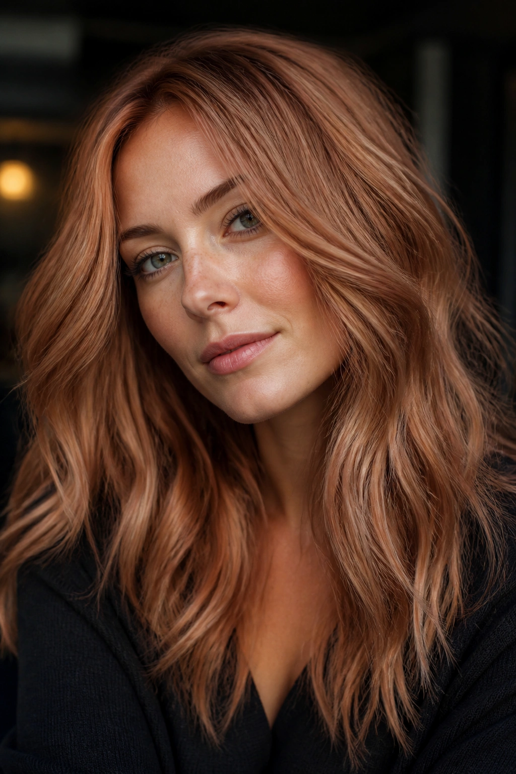 Close-up of a real woman with Smoky Copper Strawberry Blonde hair with taupe lowlights