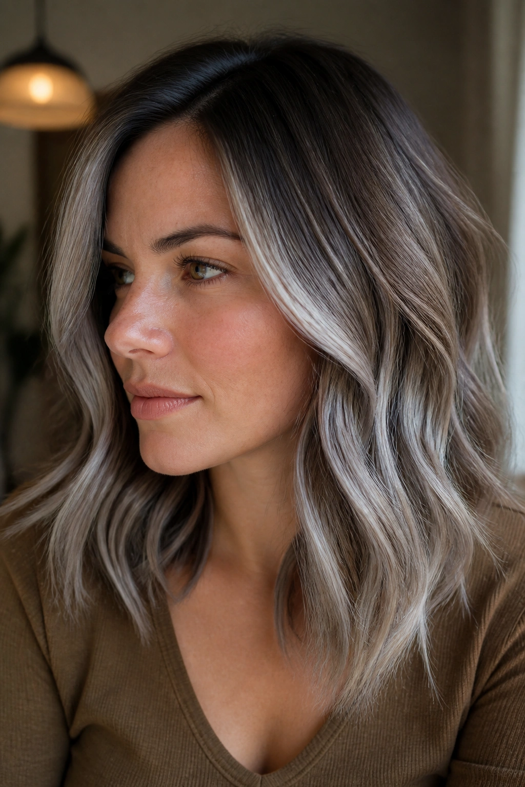 Close-up portrait of a real woman with smudged roots and foily silver midlights.