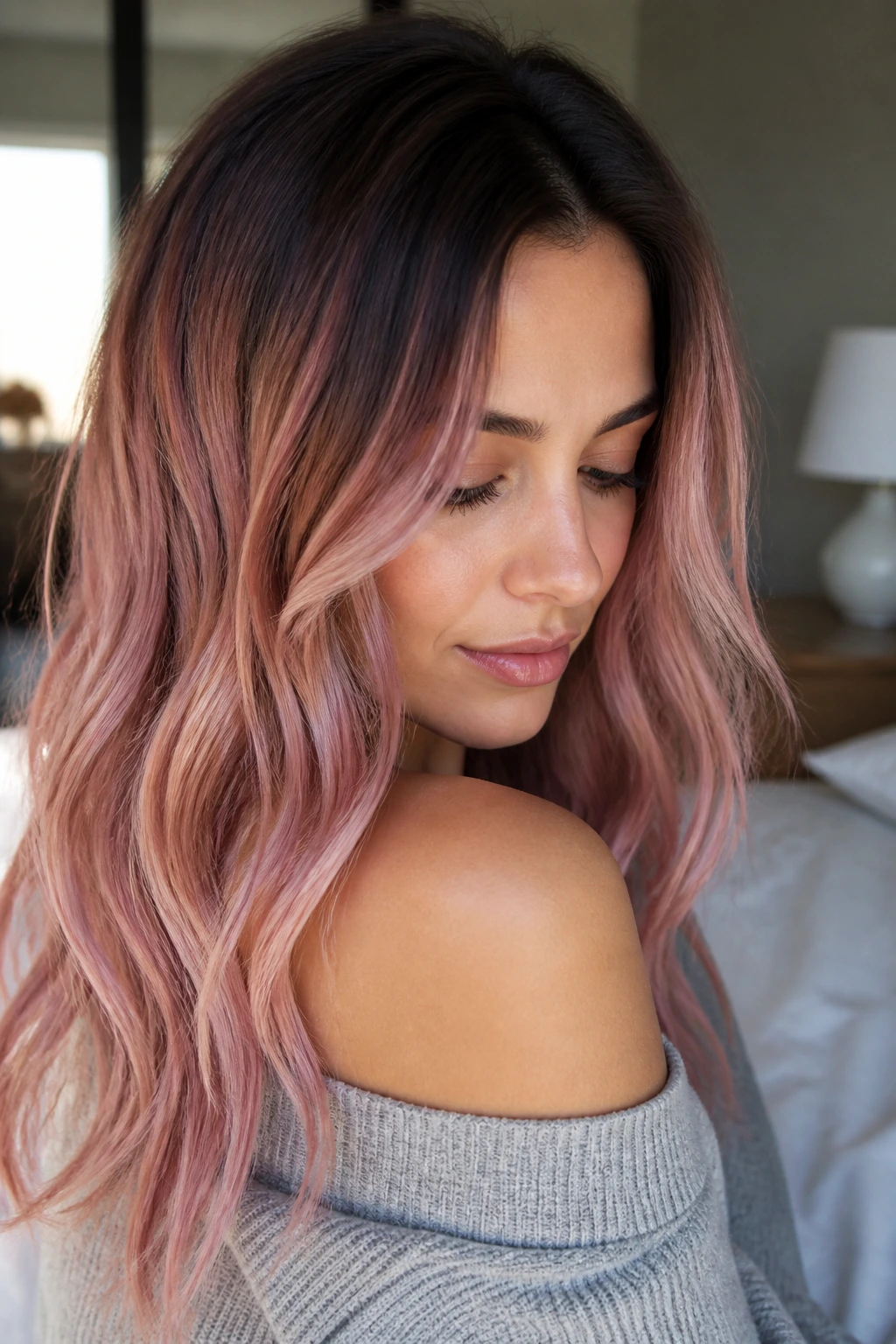 Close-up of a real person with smudged root rose gold showing deeper root and pink-beige mid-lengths