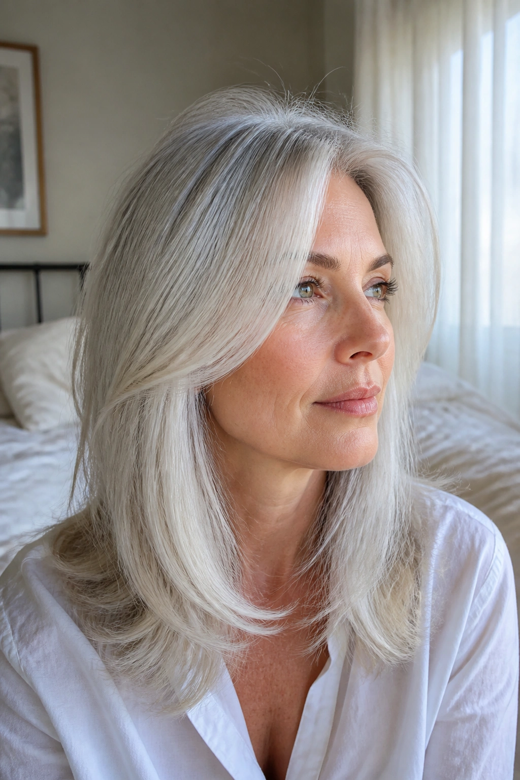 Close-up of a real woman with Snow-Mist White long curtain layers in a cozy room