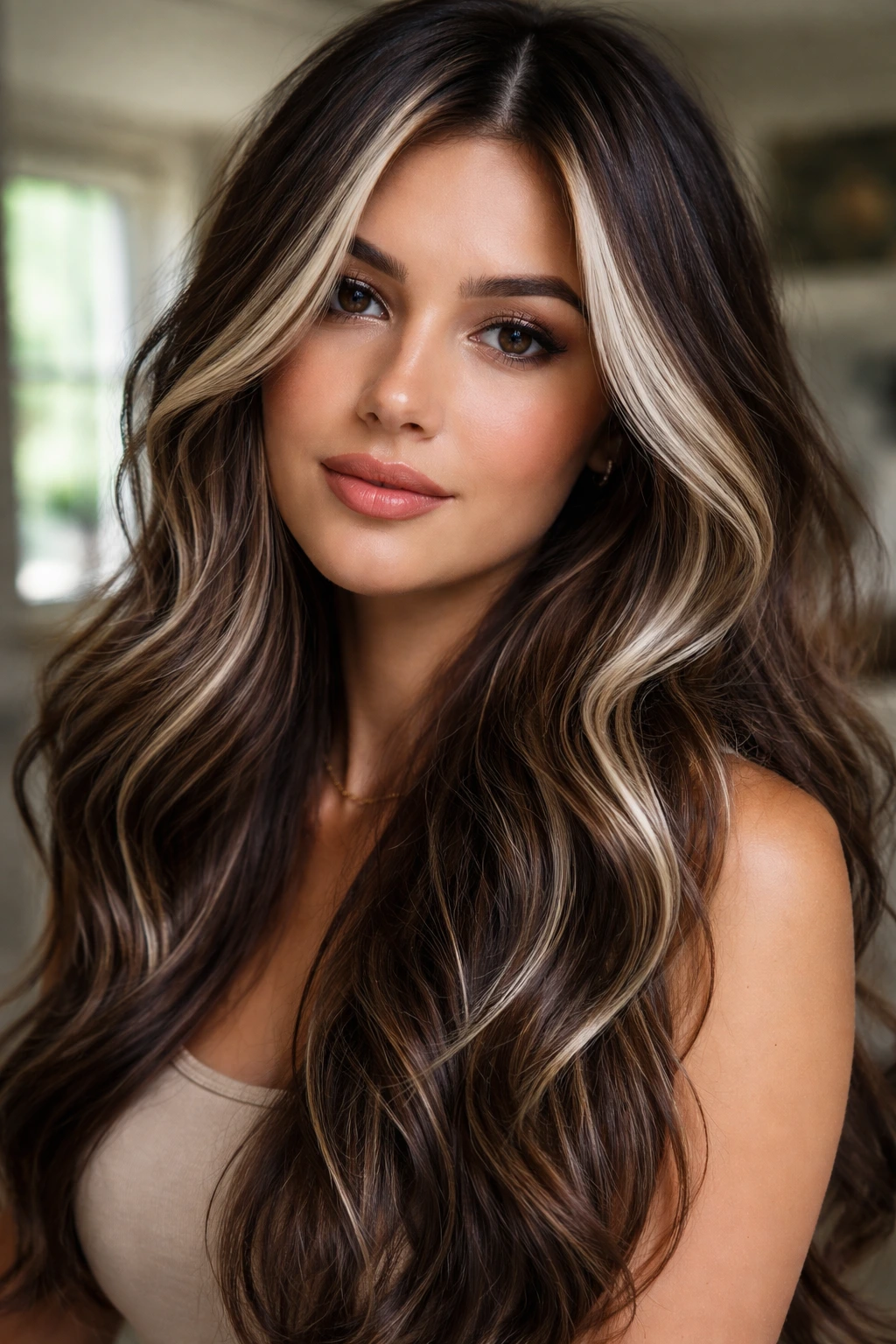 Close-up of a real woman with scattered snow-white accents throughout her hair