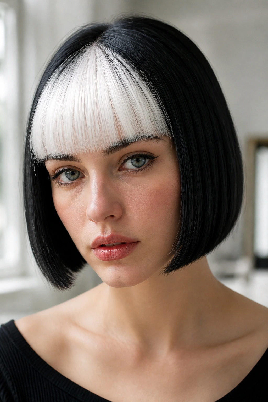Close-up of a black bob with a snow-white blunt fringe framing the eyes.
