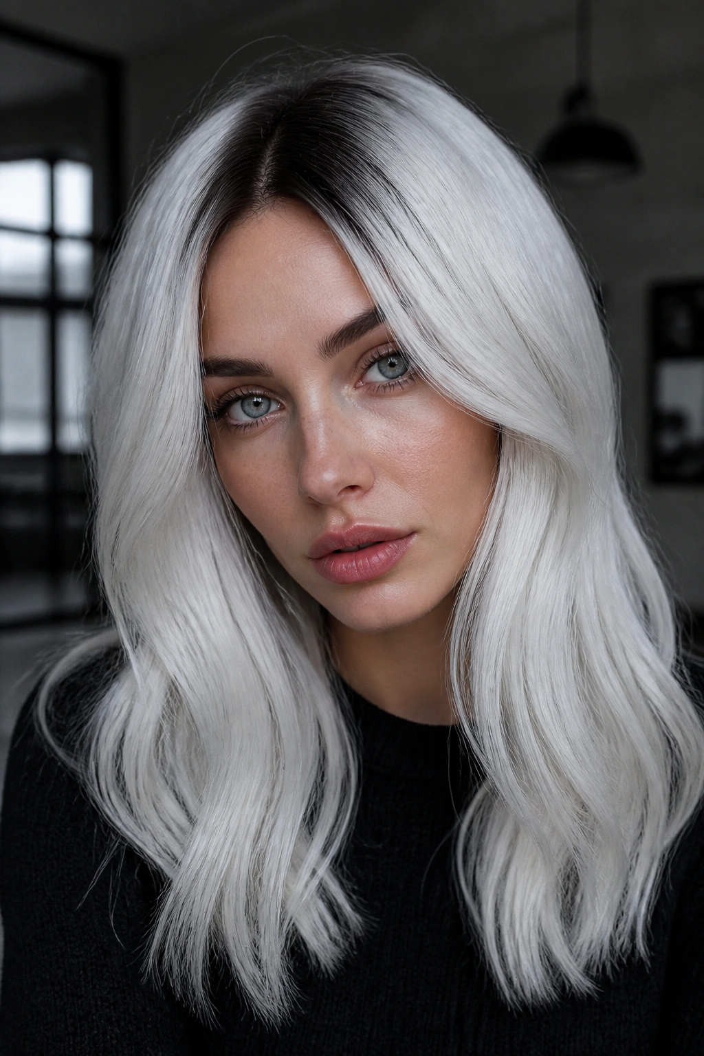 Close-up of a real woman with snow white hair and dark root stretch framing her face