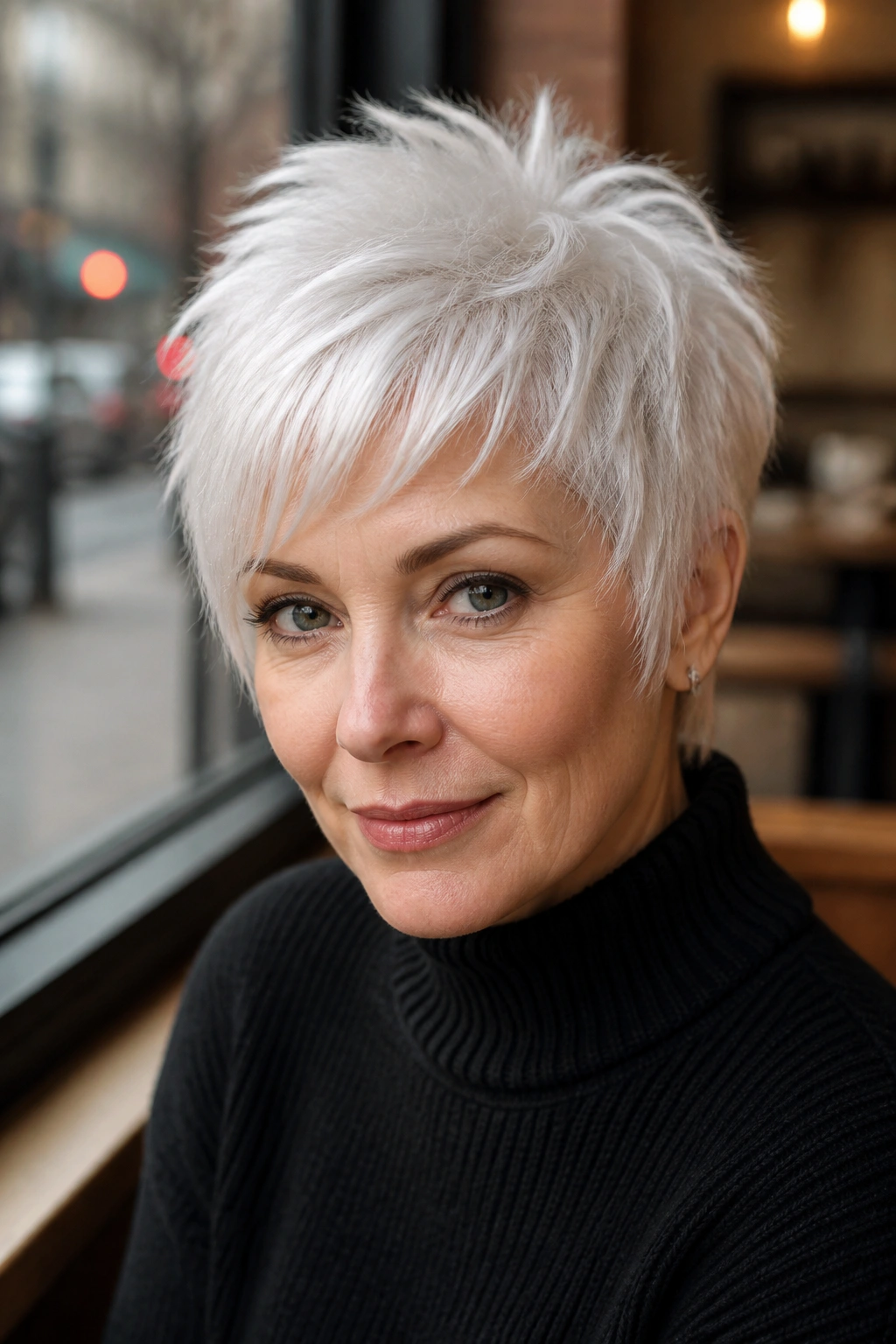Close-up of a real woman with snow-white pixie and feathered edges.