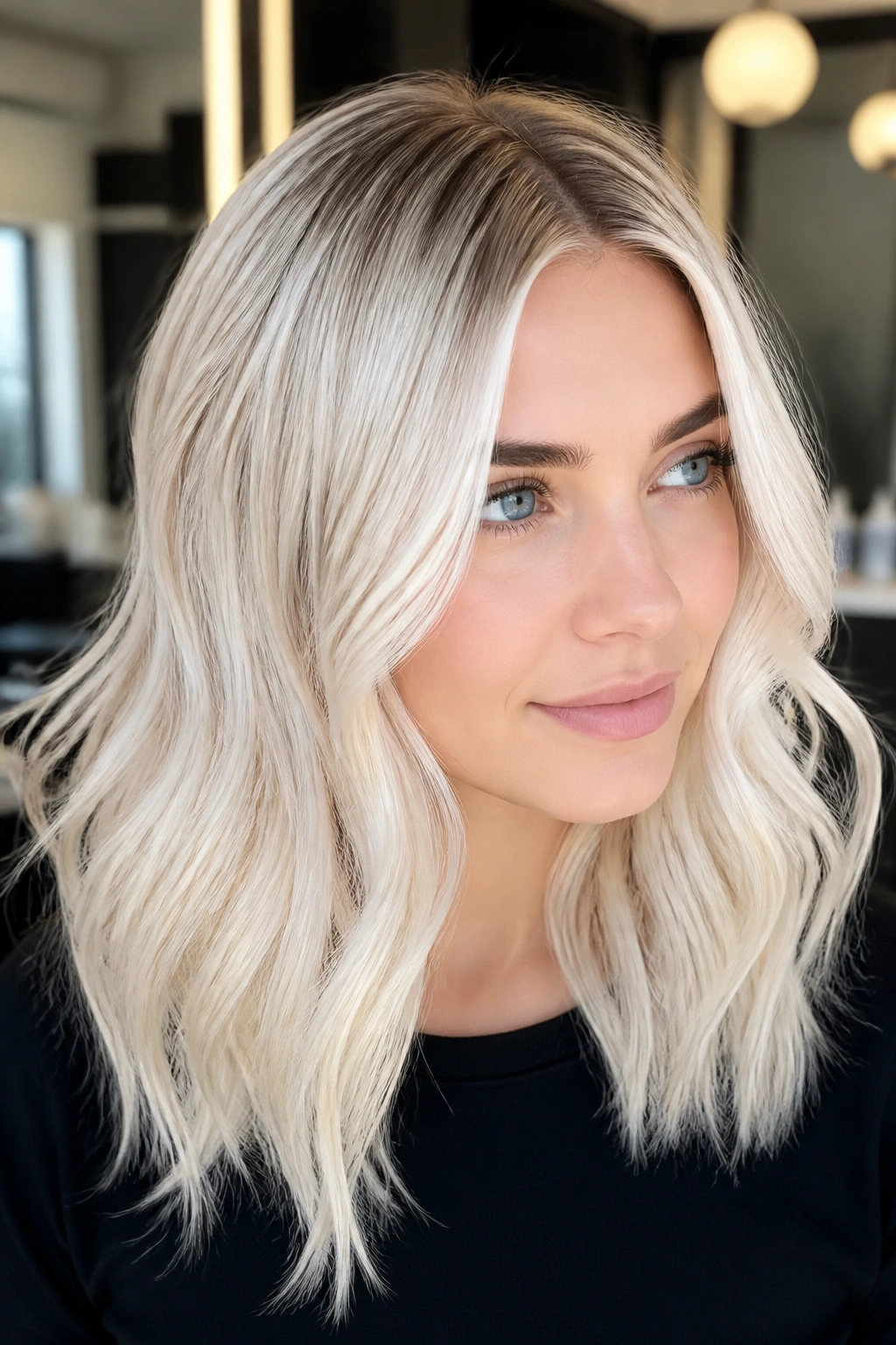 Close-up of a real woman with snow-white hair and a soft root tap in a bright vanity setting