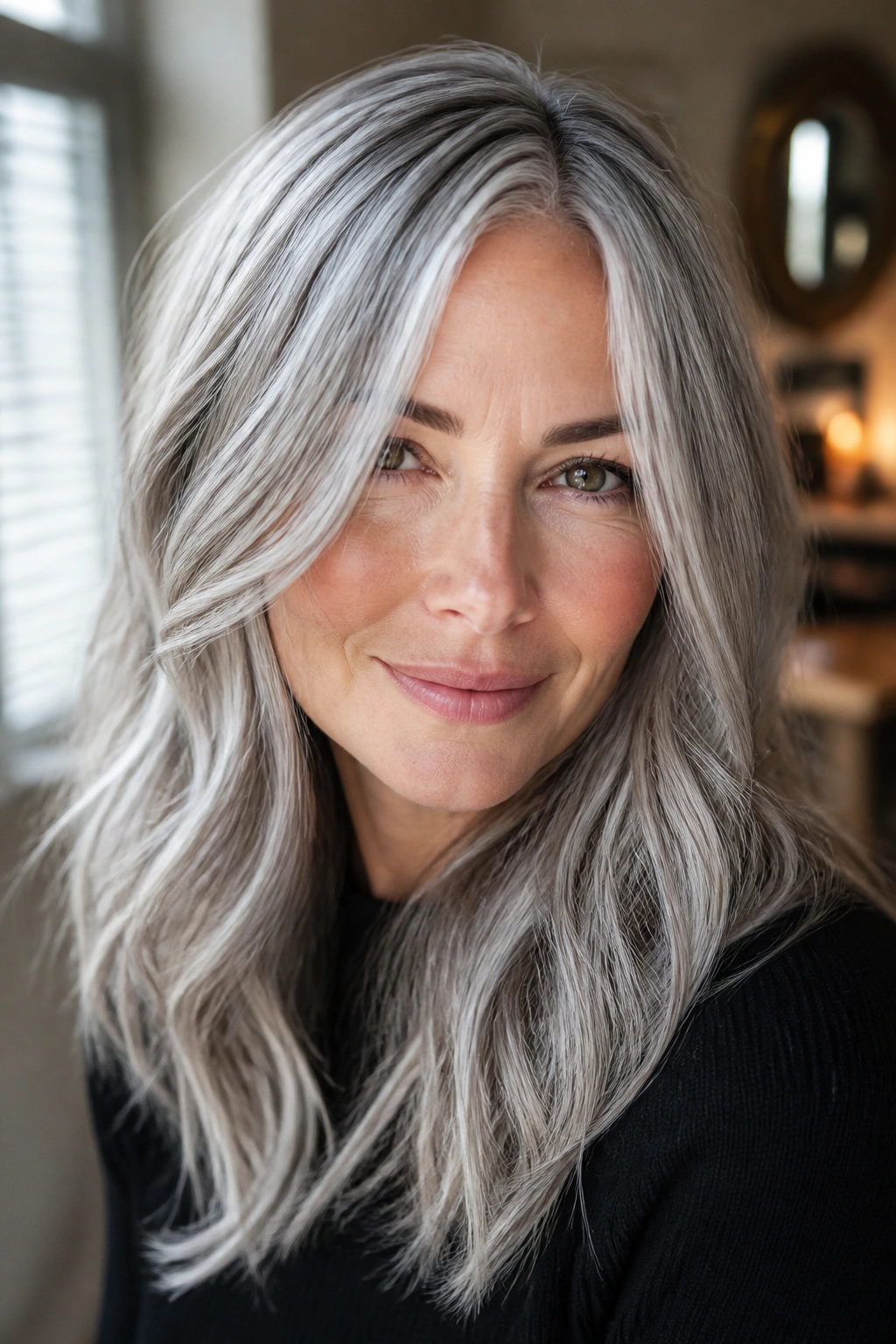 Close-up portrait of a real woman with fine frost-like babylights in cool-toned hair
