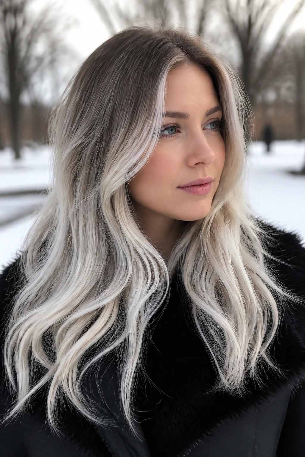 Close-up of hair with snowy balayage and frosted ends