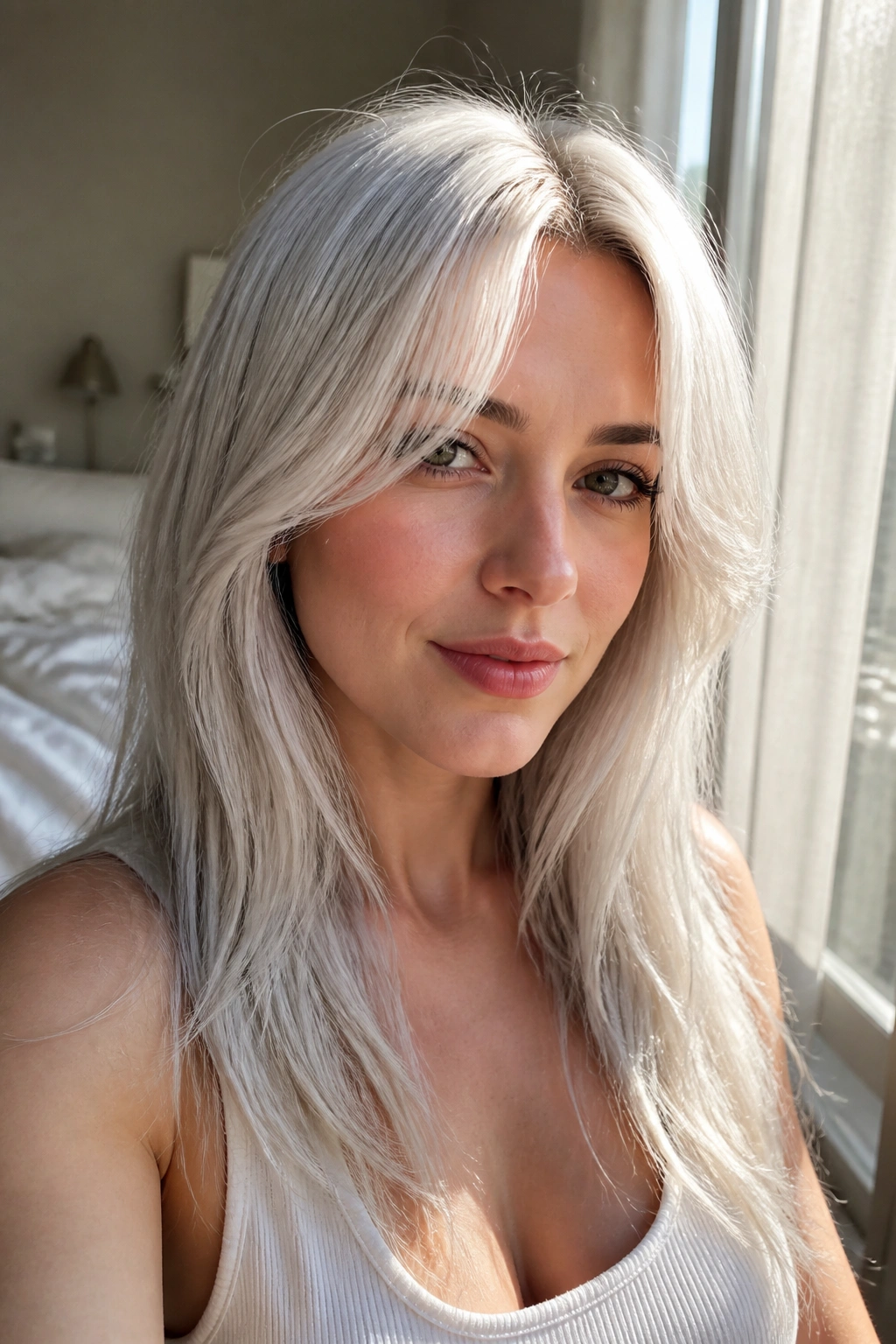 Close-up portrait of a real woman with snowy white curtain bangs framing her cheeks in warm window light