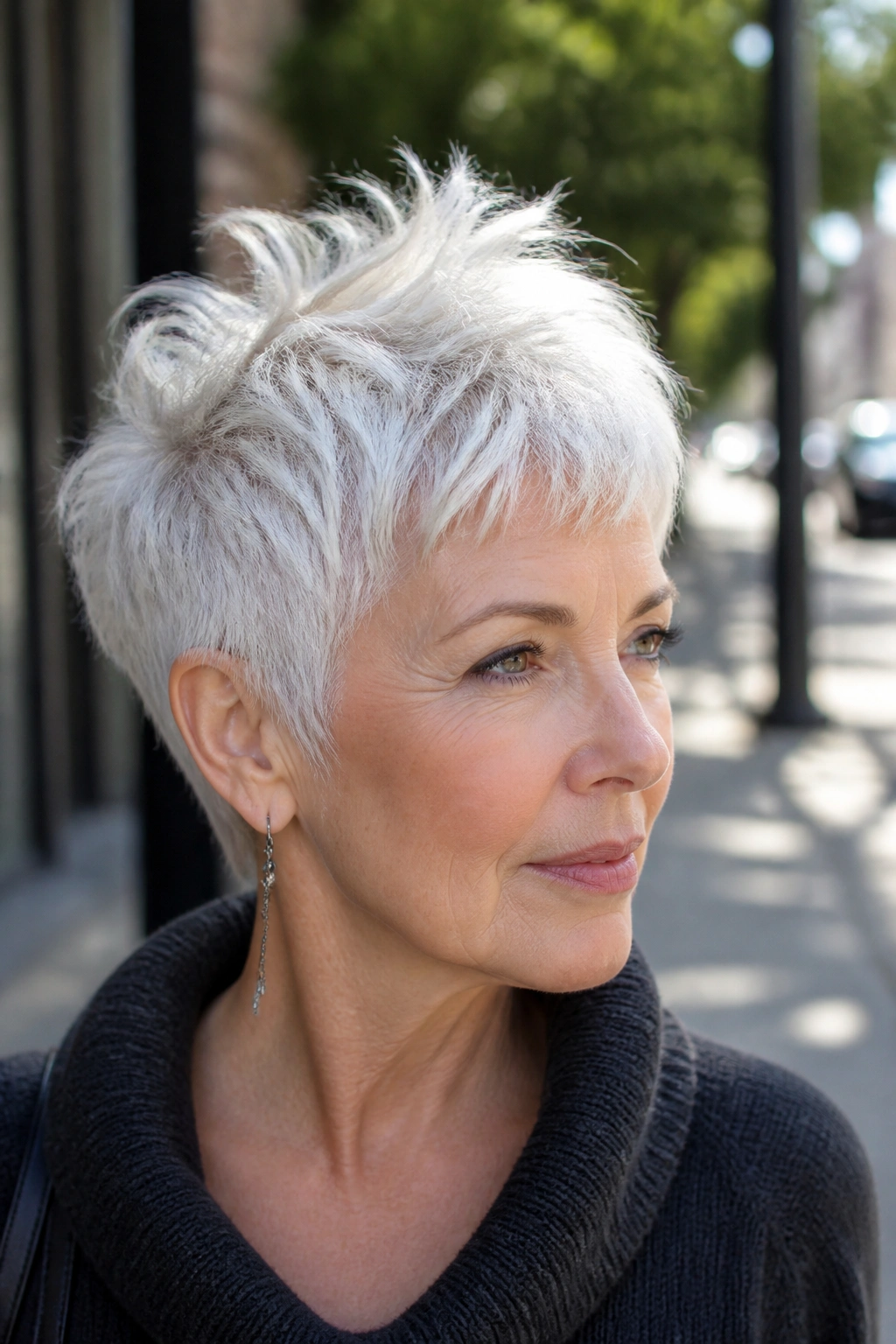 Portrait of a person with a snowy textured crop hairstyle