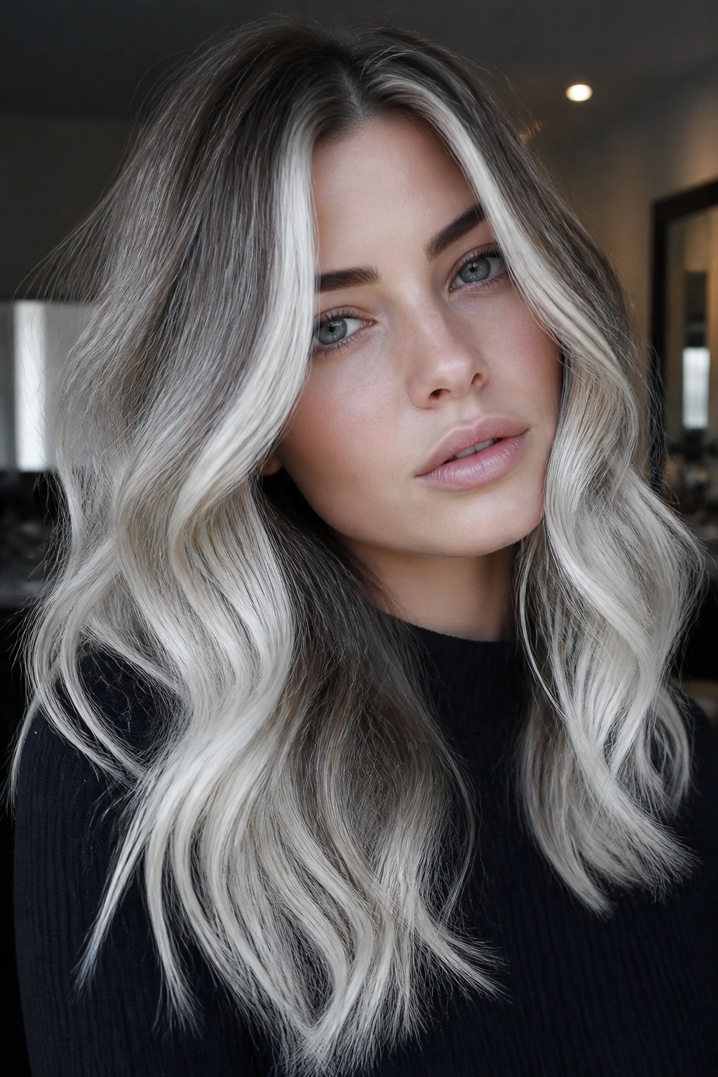 Snowy white balayage on cool-toned skin