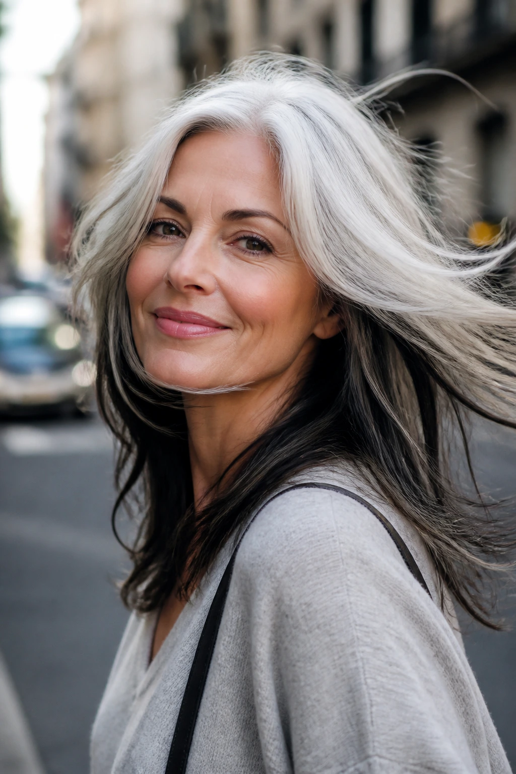 Woman with snowy white top and dark underlayers peeking through in wind