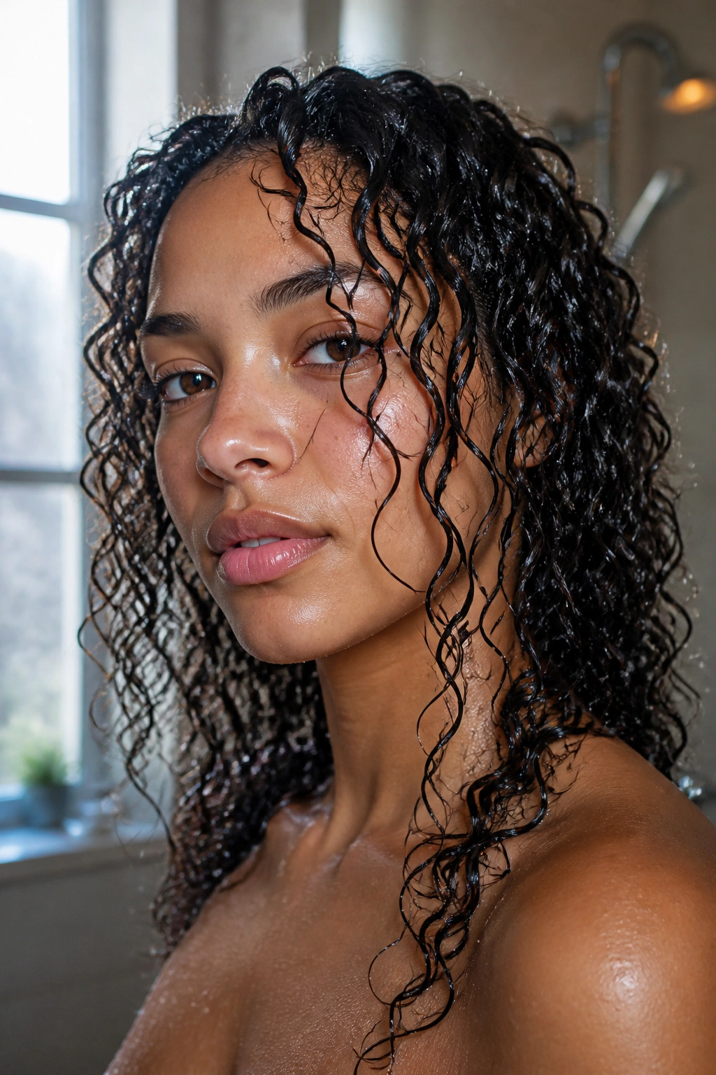 Close-up of soaking-wet natural curls forming on a real woman's head in a bathroom