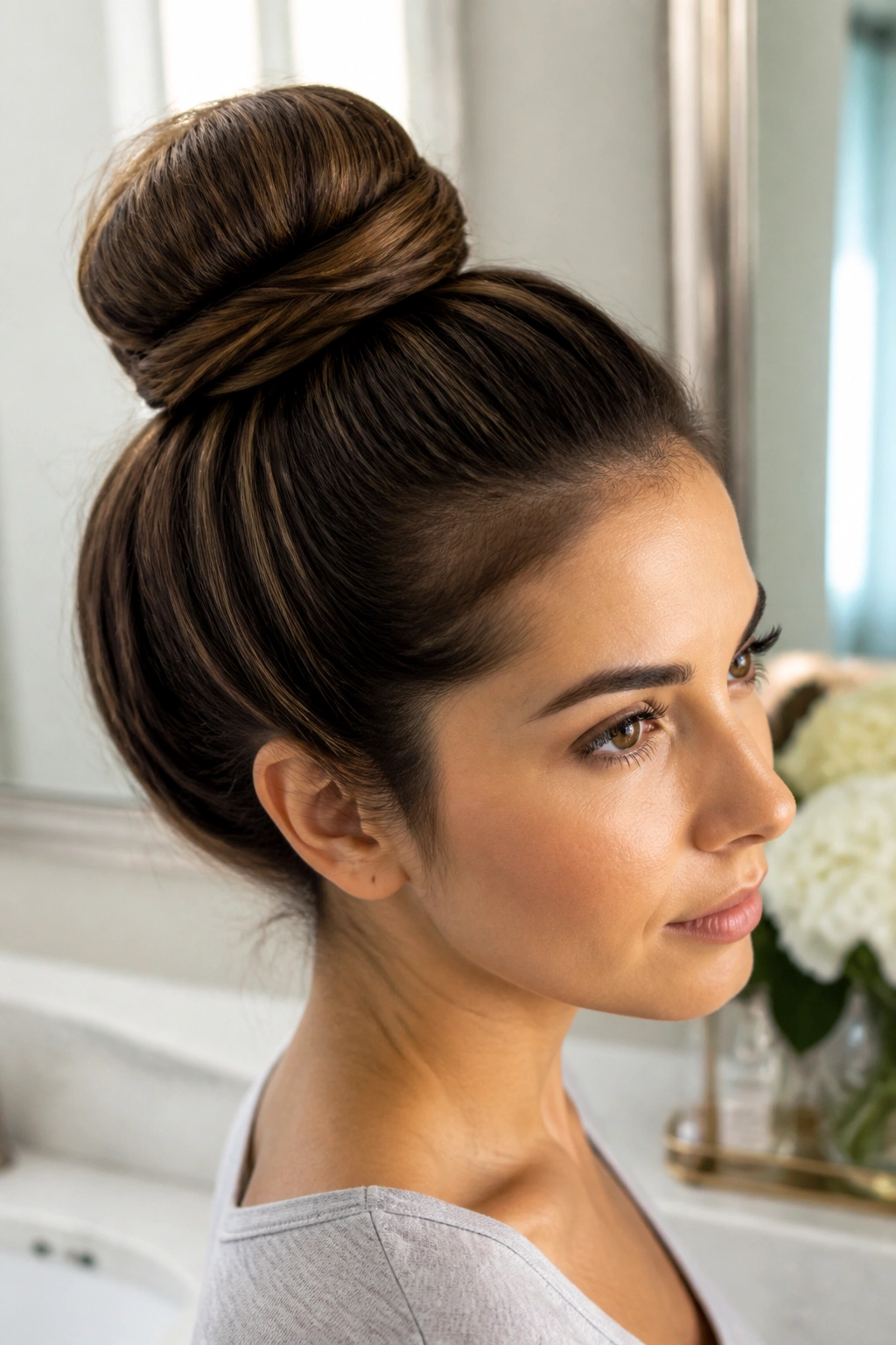 Close-up portrait of a real woman with a sock-bun top knot around a donut, full rounded bun