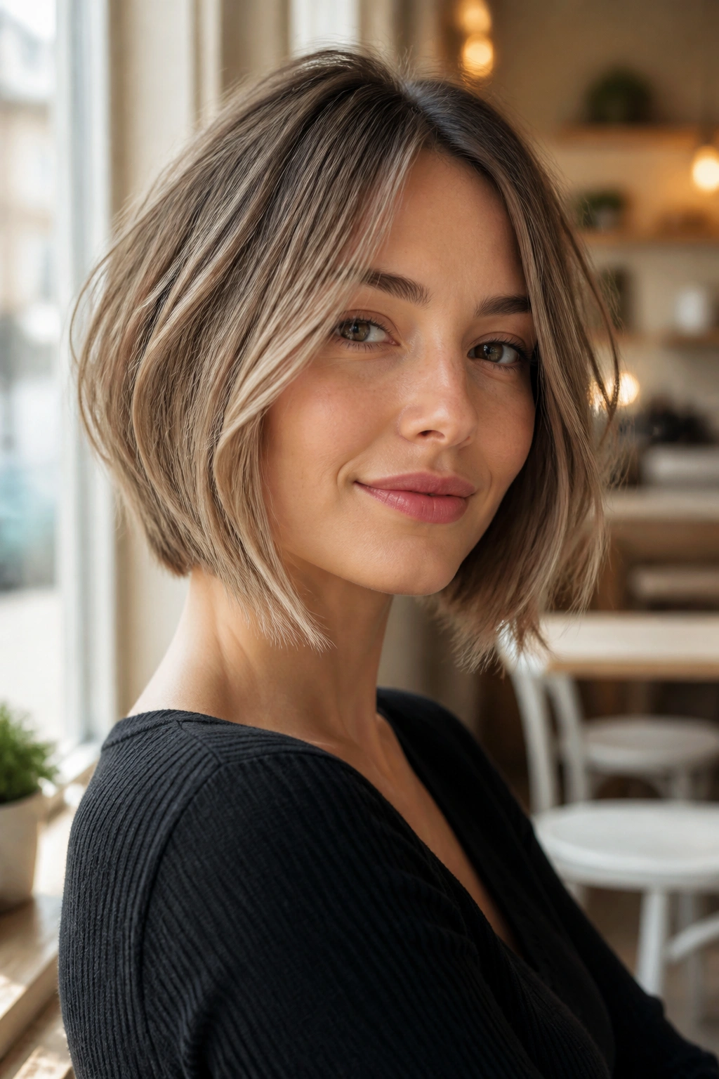 Close-up portrait of a real woman with a soft A-line bob and airy ends