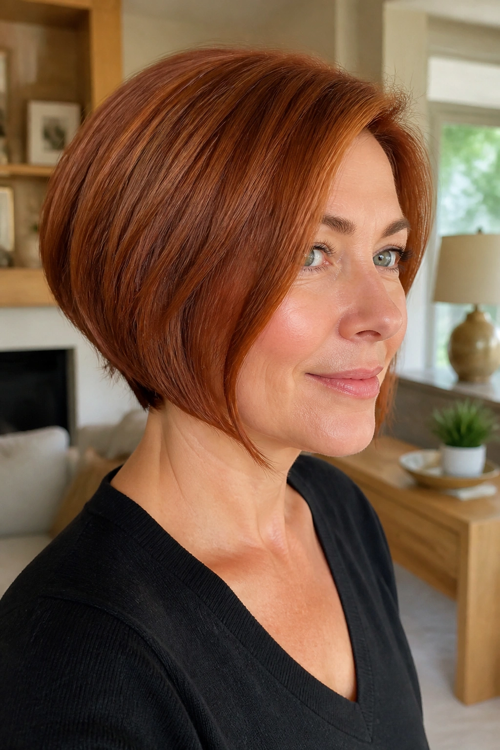 Close-up of a real person with a soft A-line bob and slight stack at the back in auburn copper.
