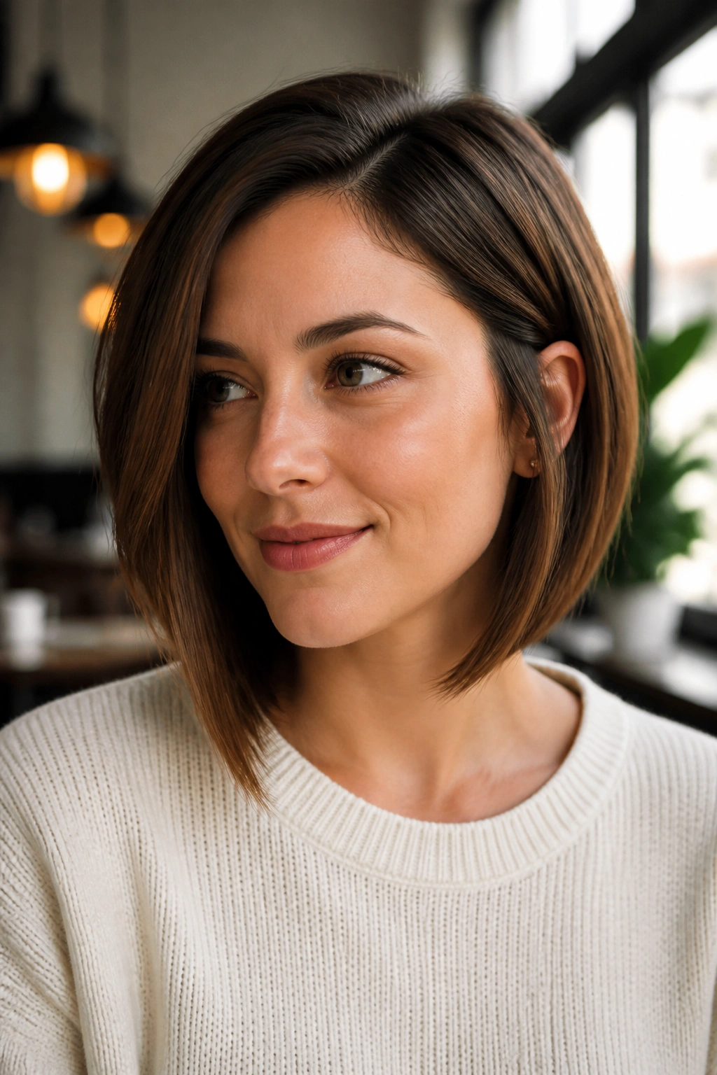 Real woman with a soft A-line bob in warm brunette.