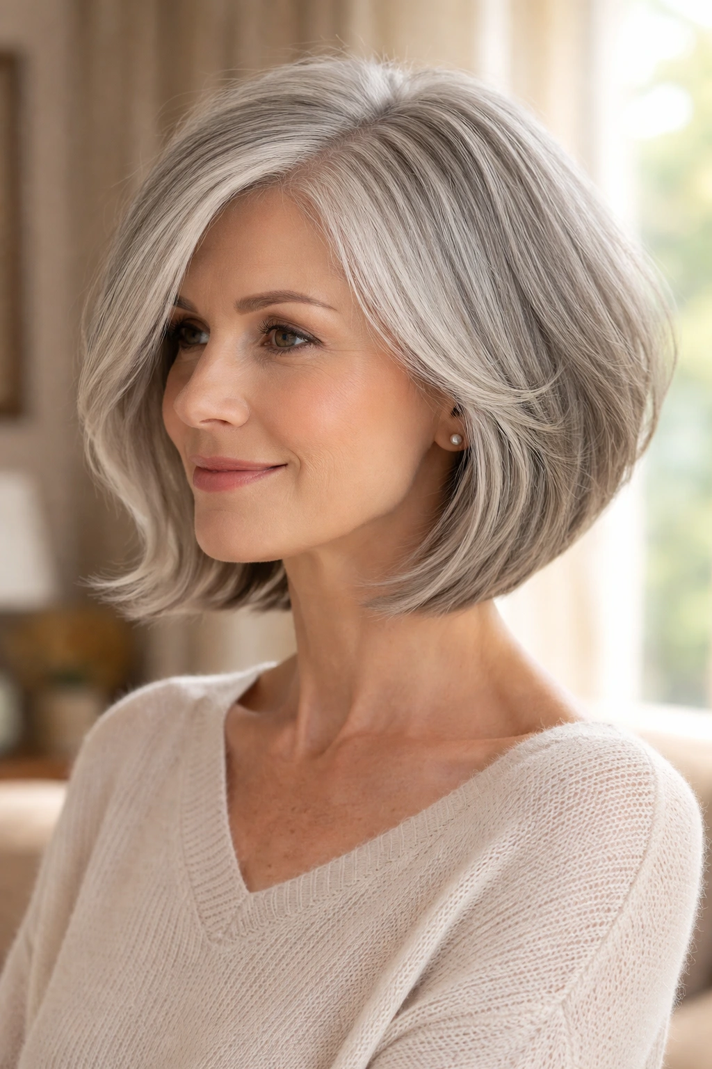 Close-up of a real woman with a soft tapered A-line bob