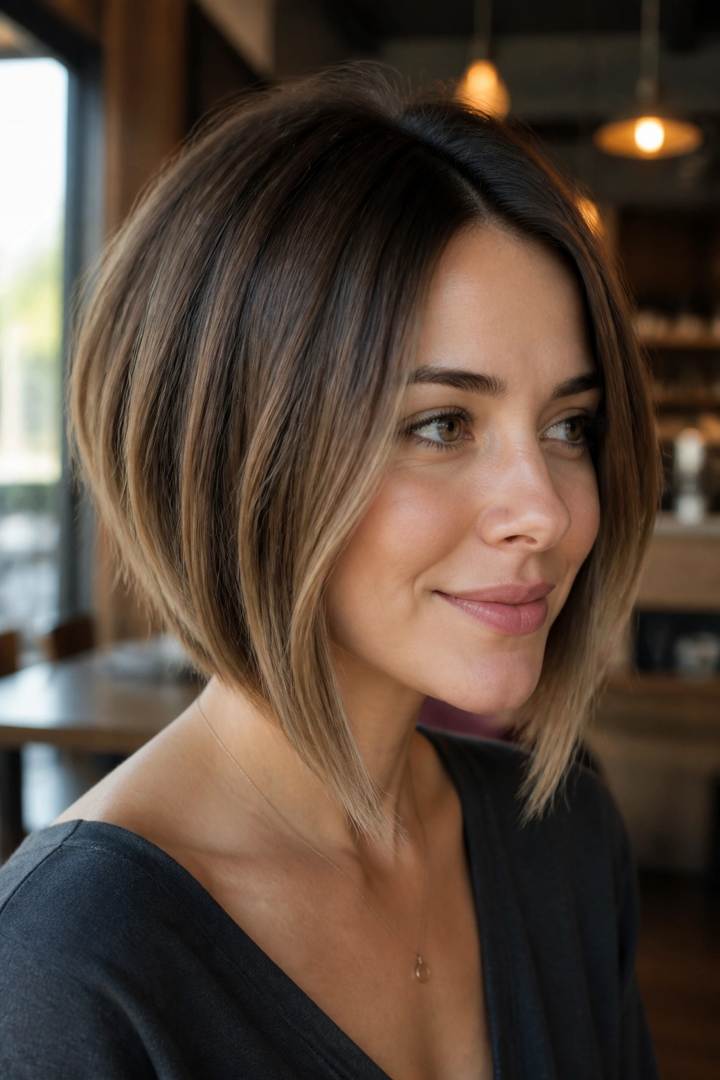 Portrait of a woman with a soft A-line bob and longer front pieces.