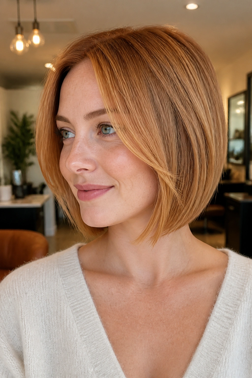 Real woman with soft A-line strawberry blonde bob and face-framing pieces in warm indoor light.