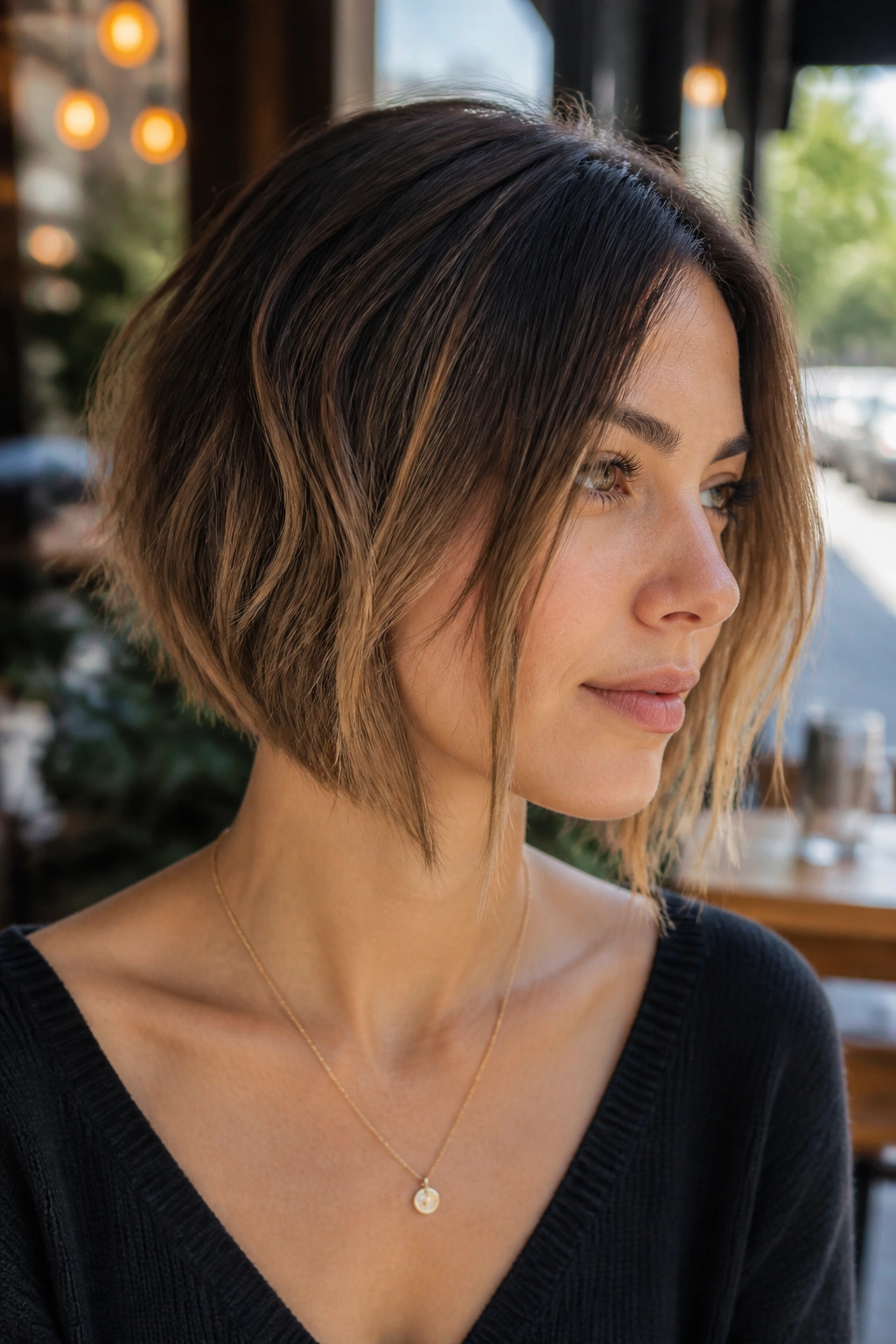 Real woman with soft A-line choppy bob outdoors in daylight