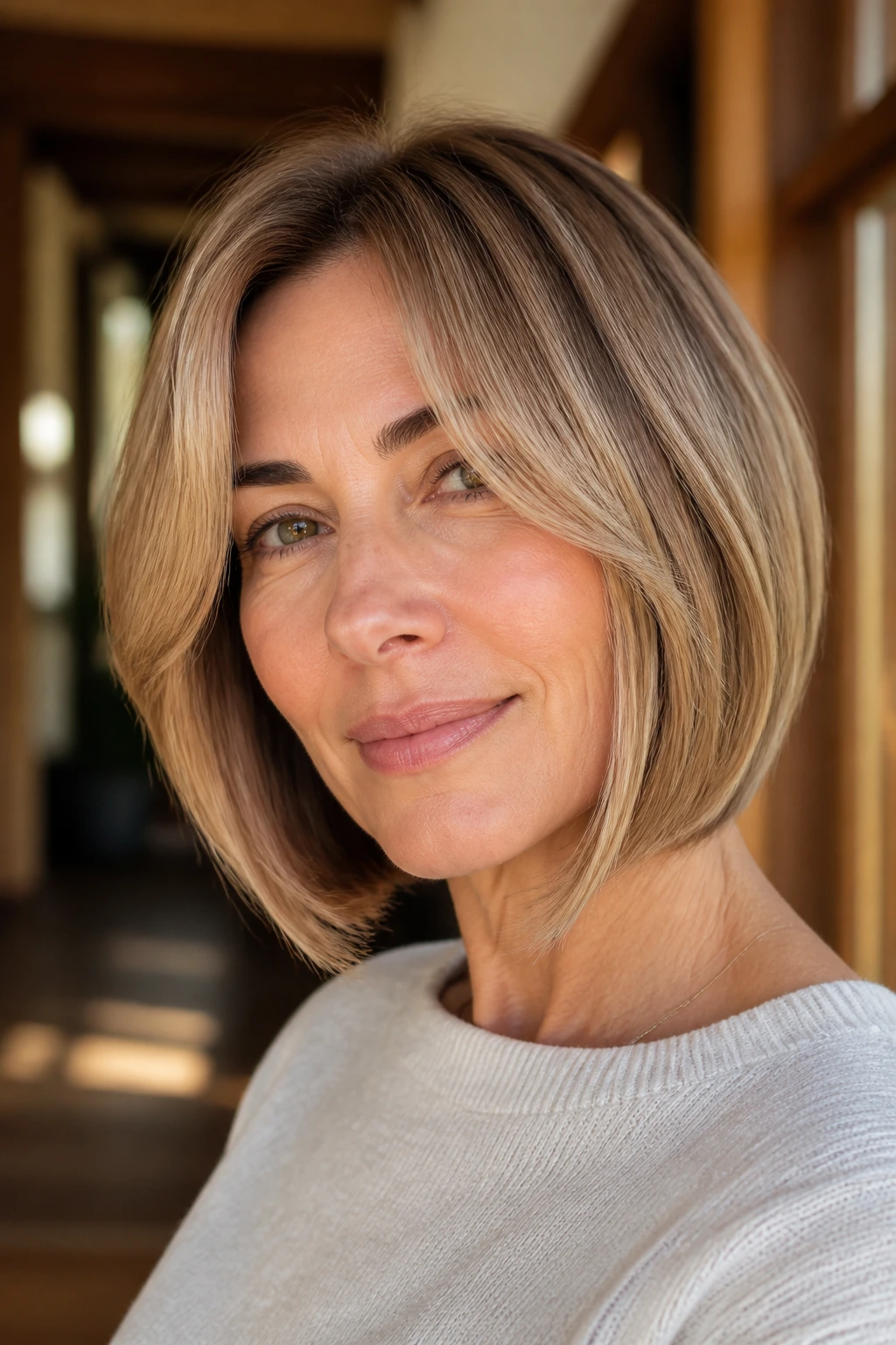 Portrait of a real woman with soft A-line curtain bob and quiet shape