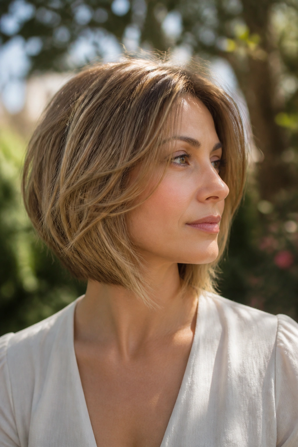 Close-up of a woman with soft A-line feathered bob in outdoor garden light