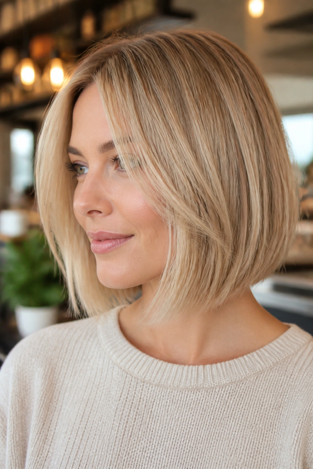 Real woman with soft A-line bob and hidden layers in beige vanilla blonde