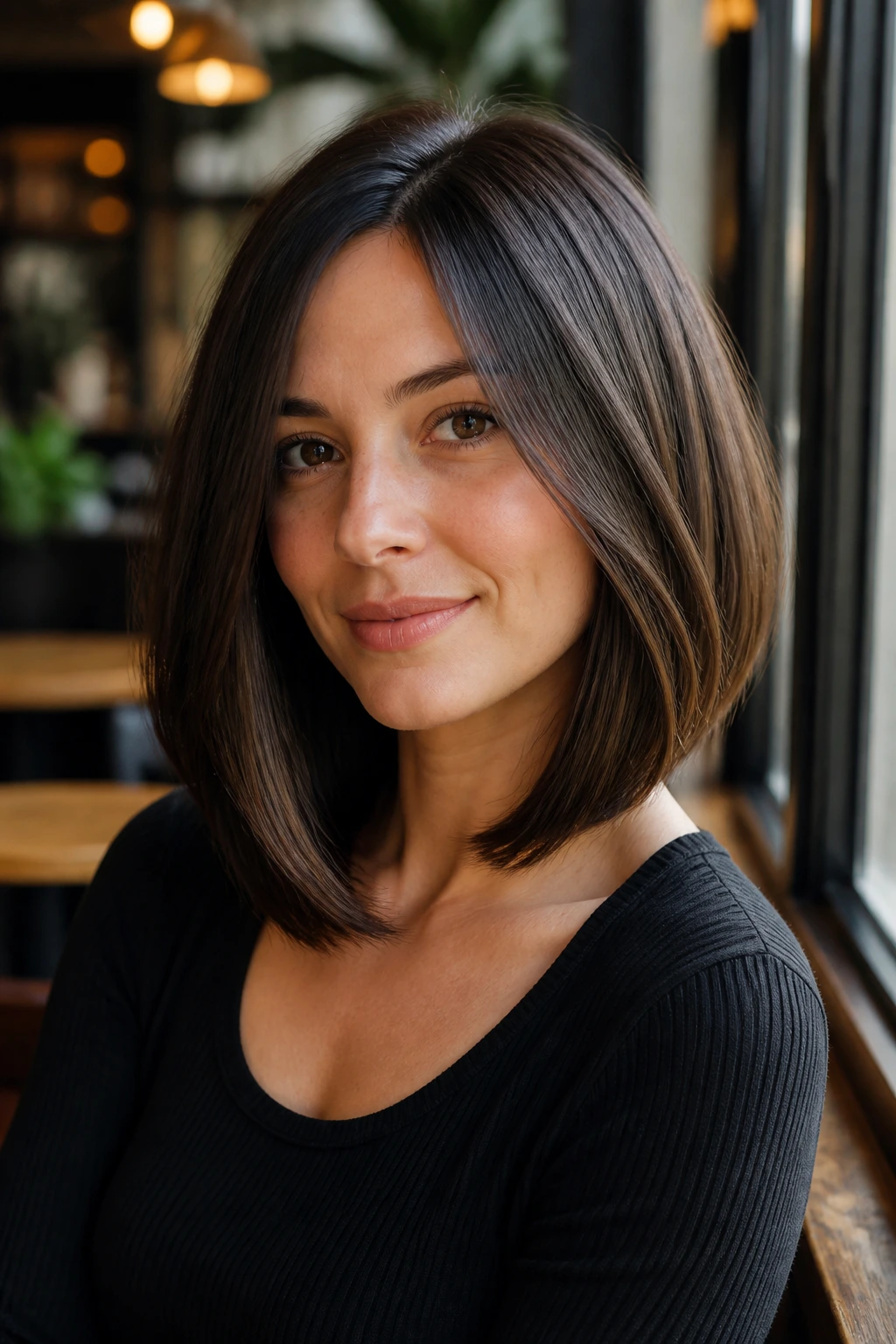 Close-up portrait of a woman with a soft A-line inverted bob and beveled ends in warm cafe light