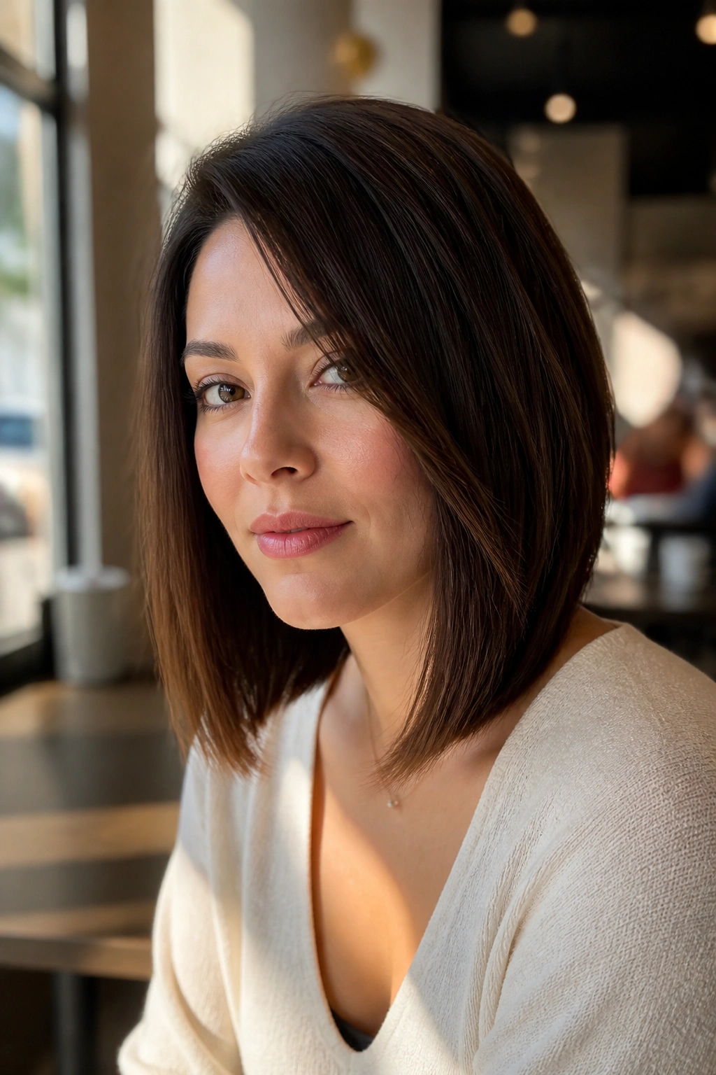 Portrait of a real woman with a soft A-line lob front longer than back