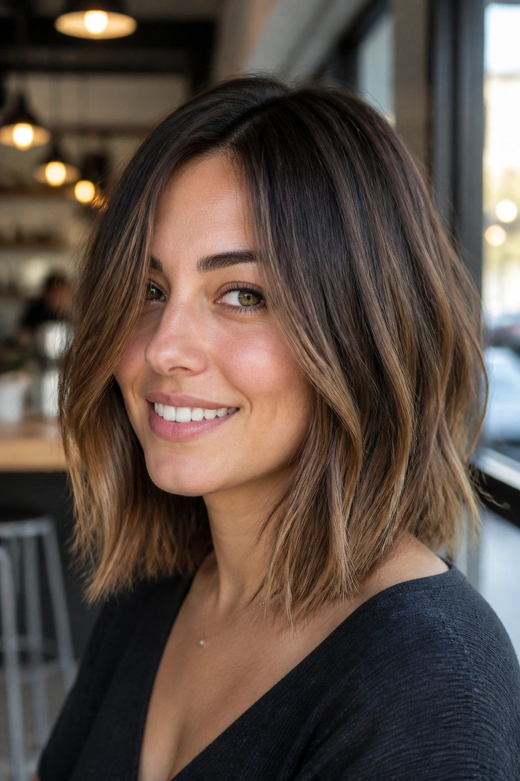 Close-up of a real woman with soft A-line lob and broken ends in cafe daylight