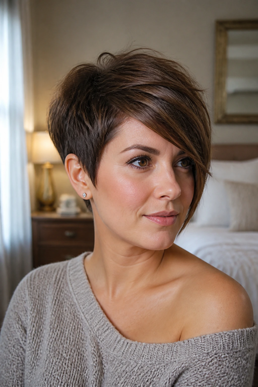 Close-up portrait of a real woman with a Soft A-Line Pixie haircut